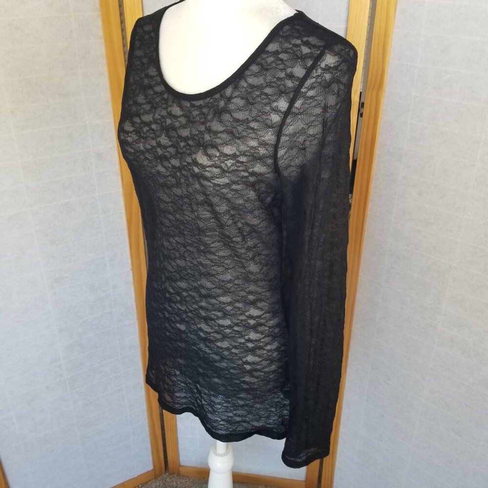 Express Sheer Stretch Lace Top Long Sleeves Black Size Medium